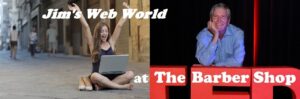 Montage of excited woman sitting at her laptop and Jim Barber leaning on TEDx logo